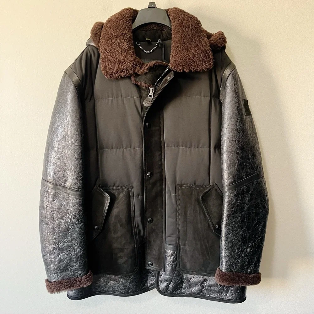 Belstaff NWT Men's Genuine Leather Goose Down Alpine Parka Black Brown Size XL